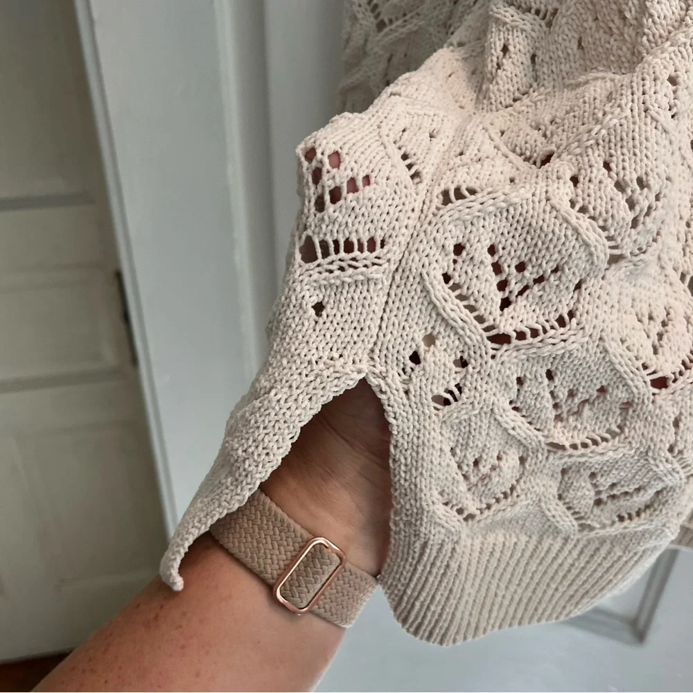 New no tag Artelier Nicole Miller Ivory beige Crochet Hooded Knit Sweater  1x - Picture 11 of 13